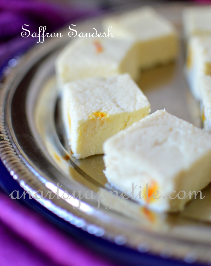 Saffron Sandesh Recipe, Bengali Saffron Shondesh Recipe, How to make Saffron Shondesh, Bengali sweet cheese fudge recipe, Indian dessert recipe